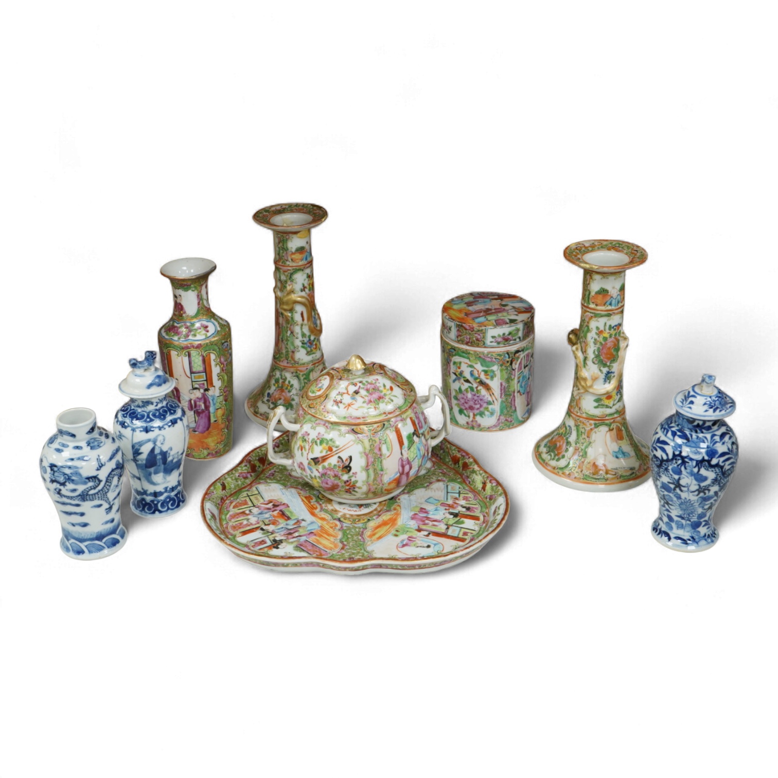 A collection of 19th century Chinese porcelain to include a pair of famille rose candlesticks, dish and a pair of blue and white baluster vases and covers